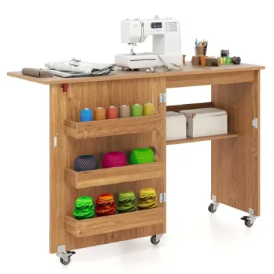 Masă de cusut pliabilă Stație de rulare Bastel cu Slot 3 Container mobil ascuns Masă de cusut 118,5 x 40 x 79,5 cm Natura