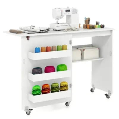 Masa pliabila de cusut Bastel Statie cu Slot 3 Container mobil Ascunse Masa de cusut 118,5 x 40 x 79,5 cm Alb