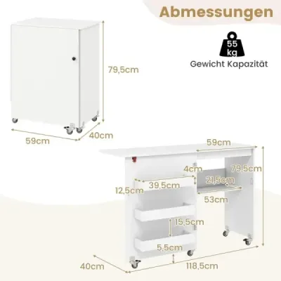 Masa pliabila de cusut Bastel Statie cu Slot 3 Container mobil Ascunse Masa de cusut 118,5 x 40 x 79,5 cm Alb