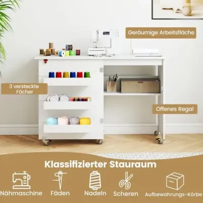 Masa pliabila de cusut Bastel Statie cu Slot 3 Container mobil Ascunse Masa de cusut 118,5 x 40 x 79,5 cm Alb