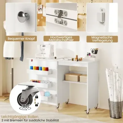 Masa pliabila de cusut Bastel Statie cu Slot 3 Container mobil Ascunse Masa de cusut 118,5 x 40 x 79,5 cm Alb