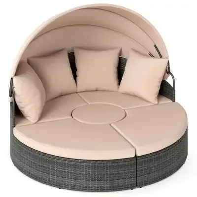 Insula Soarelui cu acoperis si scaun si Back Pillow Rattan Sunbed Garden Lid Bej