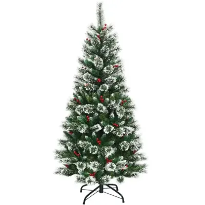180 cm Brad artificial de Craciun cu fulgi de zapada fructe de padure rosii si pin verde