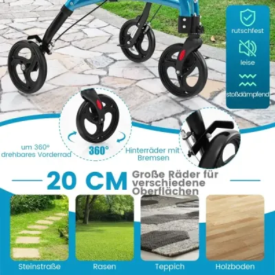 Walker pentru Roller senior pliabil cu cadru lumina aluminiu 20 cm Roți mari albastru
