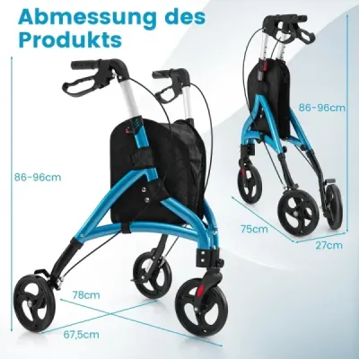 Walker pentru Roller senior pliabil cu cadru lumina aluminiu 20 cm Roți mari albastru
