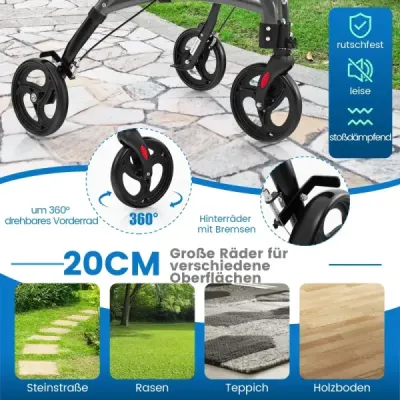 Walker pentru Roller senior pliabil cu cadru lumina aluminiu 20 cm Roți mari Gri