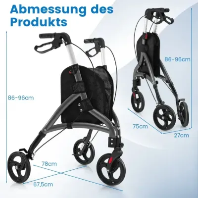 Walker pentru Roller senior pliabil cu cadru lumina aluminiu 20 cm Roți mari Gri