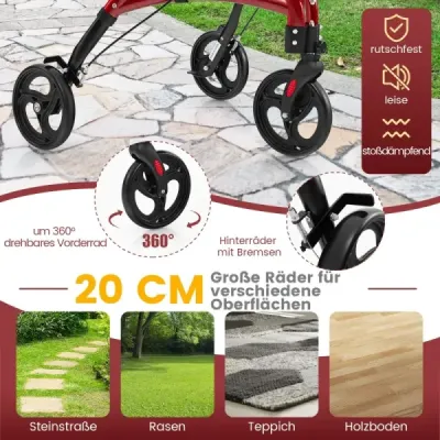 Walker pentru Roller senior pliabil cu cadru lumina aluminiu 20 cm Roți roșii