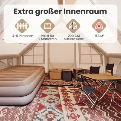 Cort de camping gonflabil 4-6 persoane cort de aer impermeabil cu geamuri de ţânţar pompa 2 uşi bej