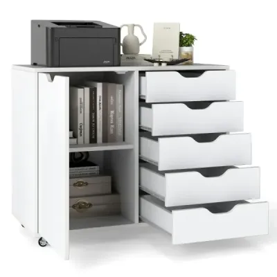 Container de rulare cu 5 sertare & usi & worktop & role dulap document mobil alb