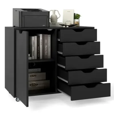 Container de rulare cu 5 sertare & usi & worktop & role servieta mobila Black