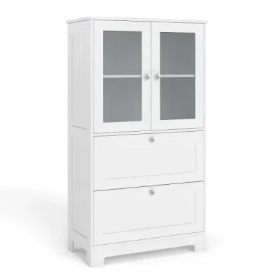 Dulap baie cu 2 sertare și 2 uși de sticlă și raft reglabil Cabinet mare alb