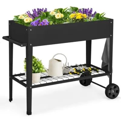 Upbeet metalic cu rafturi & 2 role & cârlige & mâner Cutie de plantat negru