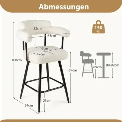 2 Set Bar Stool Cadded Theken Stool 360° Set rotativ Stool Bistrohocker alb