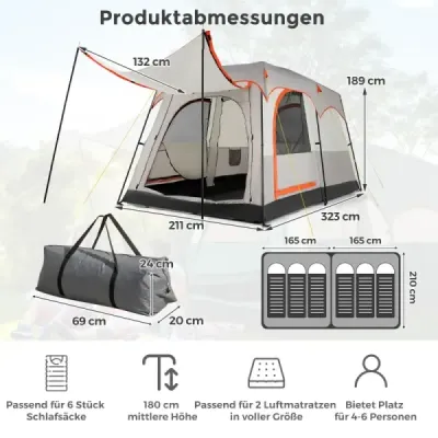 Cort de camping pentru 6 persoane cu 2 camere perete partiție și protecție ploaie