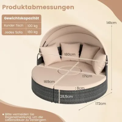 Insula Soarelui cu acoperis si scaun si Back Pillow Rattan Sunbed Garden Lid Bej