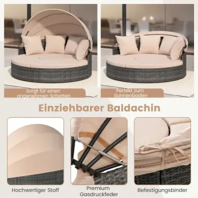 Insula Soarelui cu acoperis si scaun si Back Pillow Rattan Sunbed Garden Lid Bej