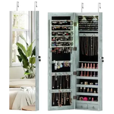Dulap bijuterii cu LED iluminat suport bijuterii cu oglinda dulap oglinda Lockable Vintage albastru