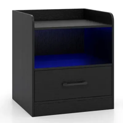 Masa de noapte cu LED-uri de iluminat & compartiment deschis & sertar masa laterala noapte dulap negru