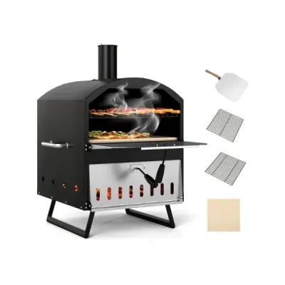 Outdoor 40 cm Aragaz din lemn Pizza cuptor 2 straturi Pizza-Maker cu piatra patrata Pizza găleată Grillrosten negru