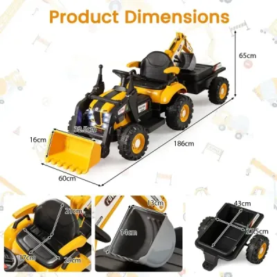 Tractor electric cu remorcă & van & la distanță 12V scaun tractor excavator galben