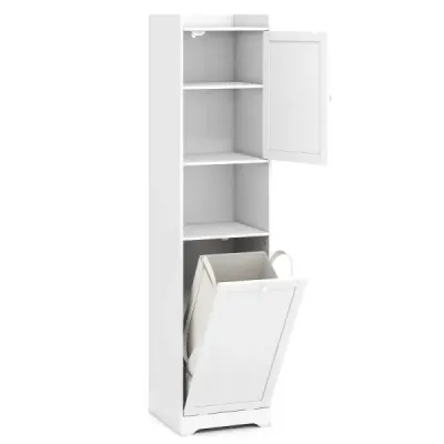 170 cm Cabinet de baie mare și slender turn de rufe cu depozitare raft reglabil sac de rufe alb