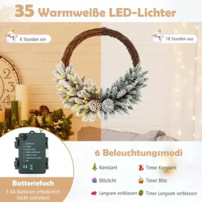 Coroana artificiala de Craciun cu iluminarea coroanei de Craciun acoperite cu zapada cu 35 de lumini LED