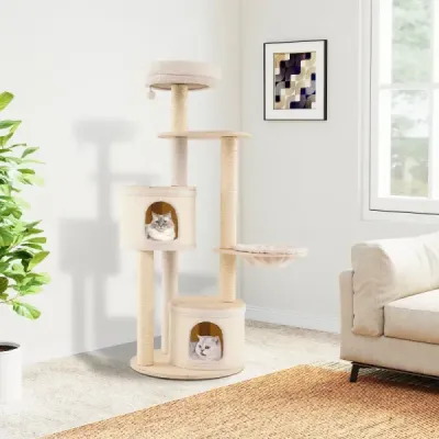 152 cm Scratch Tree cu 2 Cat Caves & Basket & Sisal Tree & Playball Cat Tree Alpinism