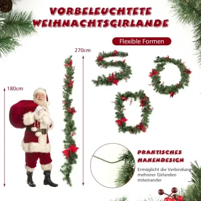 270 cm Garland artificial de Craciun cu iluminat & pin & flori rosii