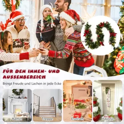 270 cm Garland artificial de Craciun cu iluminat & pin & flori rosii