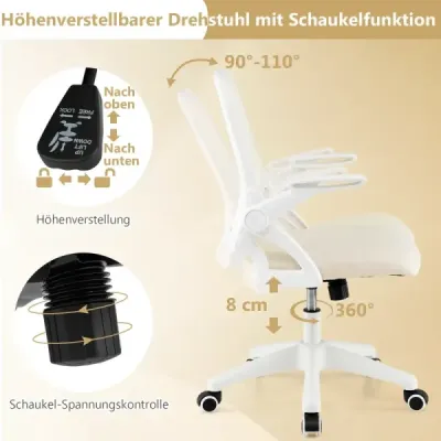 Scaun de birou ergonomic cu brațe pliante și funcție costiță Scaun computer Bej
