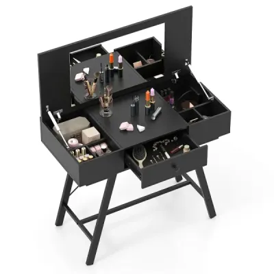 Machiaj masă cu oglindă mare & stație de încărcare & capac pliant & sertar Masa cosmetice Negru