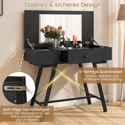 Machiaj masă cu oglindă mare & stație de încărcare & capac pliant & sertar Masa cosmetice Negru