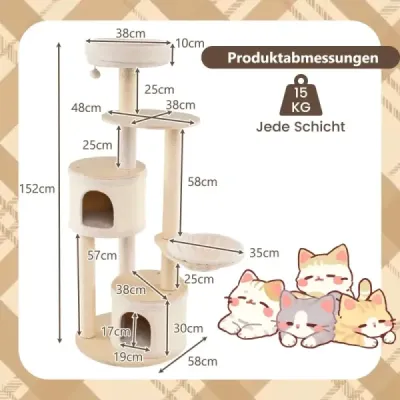 152 cm Scratch Tree cu 2 Cat Caves & Basket & Sisal Tree & Playball Cat Tree Alpinism
