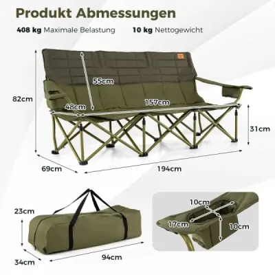 Scaun de camping supradimensionat pentru 3 persoane canapea tesatura pliere cu brate reglabile Verde
