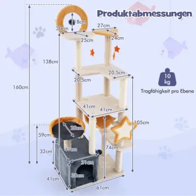 160 cm Scratch Tree cu Sisal scratching post & -Brett & House Multi-storey cat tree Cat Tower