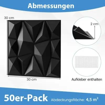 50 piese panouri de perete 3D diamant 30 x 30 cm perete acoperit de perete decor negru 4.5m2