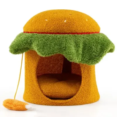 Pat de pisica dulce hamburger în formă de casă pisica cu capitonat scaun superior agățat de pluş jucărie portocaliu