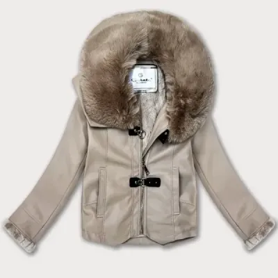 Kožená bunda s kožušinovým golierom Glakate MODA8091 béžová