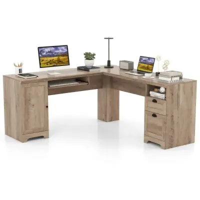 L-Form Desk cu tastatură &amp; Cabinet & 2 sertare