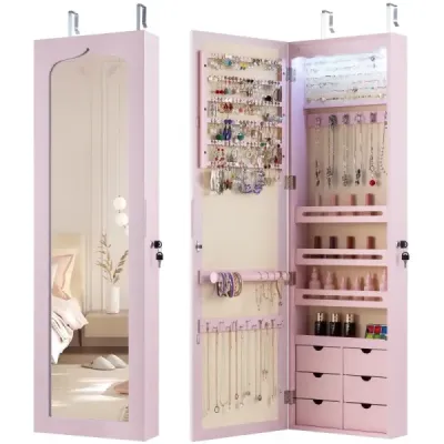 Cabinet de bijuterii cu LED Zid blocat / Cabinet de bijuterii usi cu oglindă & 6 sertare roz