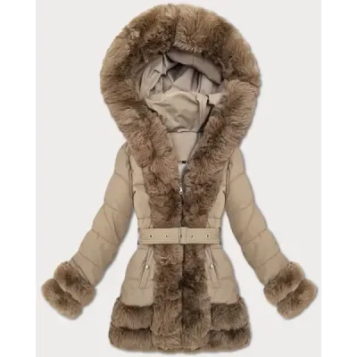 Jacheta elegantă tranzitorie cu blană S'West bej închis (B8526-12)