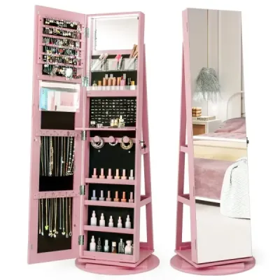 360° Cabinet de bijuterii rotative cu trei lumini de culoare LED Cabinet Oglindă liber roz