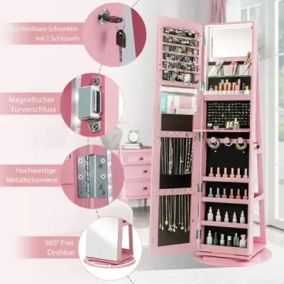 360° Cabinet de bijuterii rotative cu trei lumini de culoare LED Cabinet Oglindă liber roz