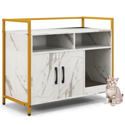 Cat dulap WC pisica cu usi duble & zero casa pisica de baza cu raft deschis & 2 compartimente marmura alba