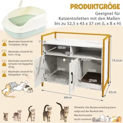 Cat dulap WC pisica cu usi duble & zero casa pisica de baza cu raft deschis & 2 compartimente marmura alba