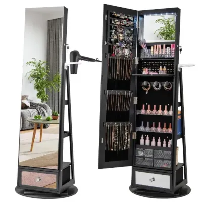 360° dulap de bijuterii rotatable cu corp complet oglinda suport de bijuterii incuietoare cu suport de uscator de par negru