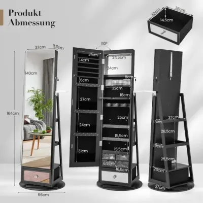 360° dulap de bijuterii rotatable cu corp complet oglinda suport de bijuterii incuietoare cu suport de uscator de par negru