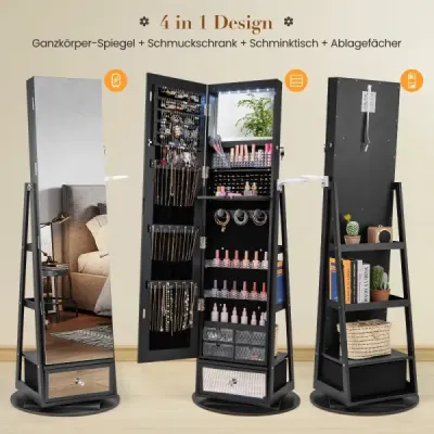 360° dulap de bijuterii rotatable cu corp complet oglinda suport de bijuterii incuietoare cu suport de uscator de par negru