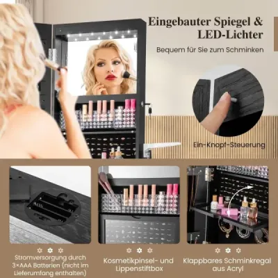 360° dulap de bijuterii rotatable cu corp complet oglinda suport de bijuterii incuietoare cu suport de uscator de par negru